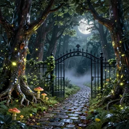 a beautiful digital glossy clear sharp of a detailed antasy fireflies forest trees roots mushrooms fireflies moonlight and iron gate cobblestone pathway vines ground fog by james gurney, 8 k resolution trending on artstation