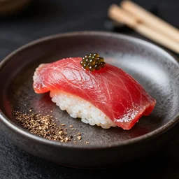 a beautiful piece of nigiri sushi with a shiny slice of fatty tuna. served on a bowl with caviar and truffle shavings. professional photograph 3 5 mm with mood lighting. from a lucrative food magazine. 4 k super detailed.