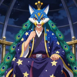 portrait from an anime of a colorful blue starry fox peacock character with giant golden oni fangs, wearing star filled mage robes, sitting in an illuminated observatory at night, art by yuji ikehata, realism, detailed, proper human proportions, fully clothed