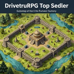 overhead RPG battlemap of a stone fort sitting above a swamp, detailed, hand-painted, drivethruRPG top seller popular