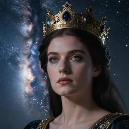 a realistic digital painting of a queen looking over the milky way, wearing an ornate crown, dramatic lighting, serious expression, 4K, HD, detailed, epic, artstation, beautiful, amazing, eyes, facial features,