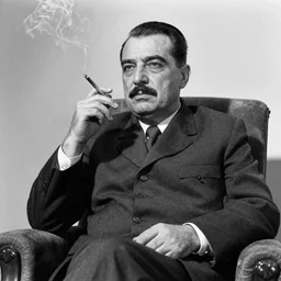 60s movie still portrait of Josip Broz Tito sitting in a armchair smoking a cigarette, cinestill 800t 35mm black and white, cinematic, very detailed, skin texture, high quality