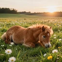 a small ginger shetland pony sleepily lies down resting in a meadow, among the long grass, daisies and buttercups, peaceful, epic lighting, evening sunlight, cinematic, volumetric lightingdigital art by greg rutkowski, roberto ferri, jeremy lipking, trending on art station, 8 k, highly detailed, hyper realistic, photorealistic