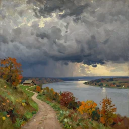 painting by sargent and leyendecker and greg hildebrandt savrasov levitan epic evening sky overcast, low thunder clouds foothpath at indian summer, wide river and lake, horizon tiny old house on top of hill view from above