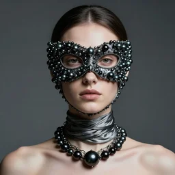 a beautiful futuristic portrait covered by mask made of wires and black pearl, necklace made by silk and wires twisted around neck, design by leonardo davinci, modern art, baroque art jewelry, new classic, fashion design, photorealistic, hyper realistic, cinematic composition, cinematic lighting, fashion design, concept art, hdri, 4 k -