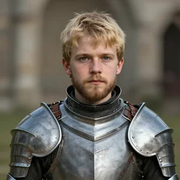 half - length portrait of a 3 5 - year - old human male knight with blonde hair and green eyes, beard, plate armor, medieval setting, detailed face, highly detailed, artstation, concept art, sharp focus, by greg rutkowski, craig mullins, artgerm