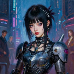 close up portrait of a cute punk goth mecha fashion girl in penumbra in a fluorescent cyberpunk futuristic city, oil painting by canaletto hieronymus bosh leonardo da vinci piero della francesca botticelli