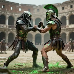 the predator fighting a spartan warrior in a roman coliseum, green glowing fluid speckled on them, 8 k award winning photo, amazing