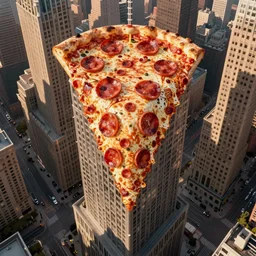 hyper detailed realistic skyscraper made out of pepperoni pizza, view looking up from the streets of newyork, photography