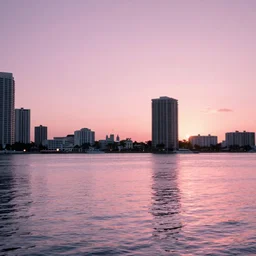 an autochrome photo of 1 9 8 0 s miami pink sunset off the quays, wide shot, outdoors, sunset photo at golden hour, yellow sails of windsurfers, wide - angle lens