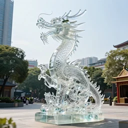 “product photo of a 60 feet tall translucent glass dragon statute, made out of glass, in time Square, ultra realistic, UHD ”