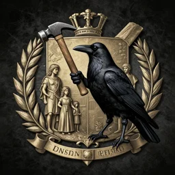 a crow holding hammer, centered on family crest, coat of arms, very detailed, artstation, mysterious, mythical, greek mythology, norse mythology, full frame, dramatic shading, jonathan pointer, janie penny,