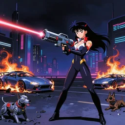 80s anime, dark neon city. laser gun battle on open space. futuristic cars lay in flames, destroyed robot dogs remains, beautiful girl in spandex suit holding large futuristic plasma rifle