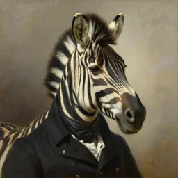 a head and shoulders portrait painting of an anthropomorphic zebra!!!!!!! wearing a colonial outfit without a hat looking off camera, a character portrait, american romanticism, oil on canvas, soft focus