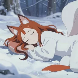 anime kitsune girl sleeping in snow den, depth focus, chromatic aberration, noise, soft lighting, srgb, 4 k, cinematic rembrant kuvshinov ross tran craig mullins leyendecker wlop guweiz
