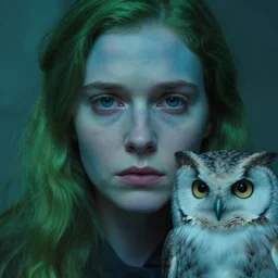 a close up portrait of a lonely woman and her owl, fine facial features, symmetrical, sad, blue skin, green hair, inspired by edward hopper and grand budapest hotel