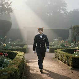 an old unclear color-faded photo captured by accident in 1990s about a catman in hotel clerk uniform walk around in a 18th century style garden and smile to the camera, foggy weather atmosphere, spotlight