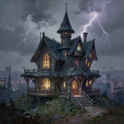 exterior view of modern futuristic haunted house architecture, on a hill with a view overlooking the city, lightning in grey skies, detailed luminescent oil painting 4 k