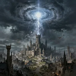 an digital art of wild magic hex storm that destroys medieval fantasy city in style of zdislaw beksinski