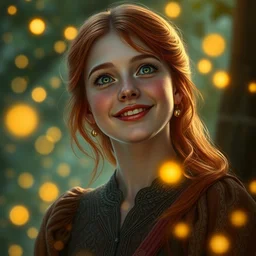 infp young woman, smiling amazed, golden fireflies lights, full covering intricate detailed dress, amidst nature, long red hair, precise linework, accurate green eyes, small nose with freckles, oval shape face, realistic, expressive emotions, dramatic lights, hyper realistic ultrafine art by artemisia gentileschi, michael cheval, jessica rossier, boris vallejo