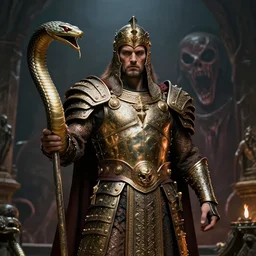 serpent - man warlord - king, wearing glorious bronze age plate armor, horrific background, high quality, high definition, 8 k, photograph photorealistic by alex ross