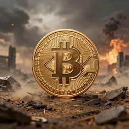 a bitcoin in the middle of a apocalyptic landscape