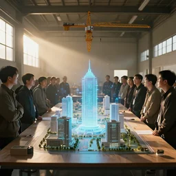 large group people in simple warehouse, looking at hologram of futuristic cbd on a table, cinematic concept art, godrays, golden hour, natural sunlight, 4 k, clear details, tabletop model buildings, center model buildings, hologram center, crane shot, crane shot, crane shot, clear details, windows
