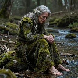 Giant 65 year-old Gaia covered in moss, crying softly and humbly, sitting on a dried up river, highly-detailed, elegant, dramatic lighting, artstation, 4k