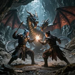 a wizard, a dragon, battling in a cave