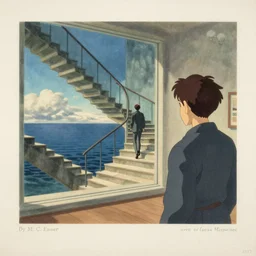 lithograph printed in 1976. It depicts a man in an art gallery viewing a print of a seascape. The man's reflection is seen in the print, and the reflection shows the man walking down a staircase. The staircases in the print appear to be infinite, By M. C. Escher, colorized by Hayao Miyazaki