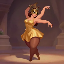 an animation fantasy illustration of a beautiful ancient dancer, thick tights, curvy, wearing a beautiful intricately detailed steam punk crow mask, and clasical gold short dress, by disney, beautiful shadows, romantic atmosphere, artstation, cartoon art, 8 k
