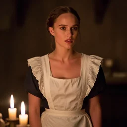 natalie portman as a medieval bar maid in a tavern at night by the candle light, 4 k, cinematic, seductive