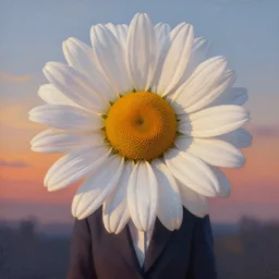 large daisy flower head, frontal, a girl in a suit, surreal photography, sunrise, dramatic light, impressionist painting, digital painting, artstation, simon stalenhag