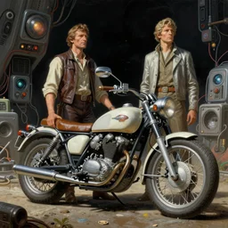 moebius and ralph mcquarrie style, vintage classic motorcycle, retro futuristic sci - fi, blade runner 2 0 4 9, wires devices electronics, star wars, painting