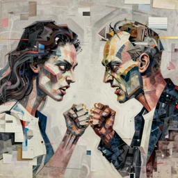 Two still figures facing camera, they are fighting very angry, Chaotic, glitch art aesthetic, paper collage, ethereal painting in the style of Francis Bacon