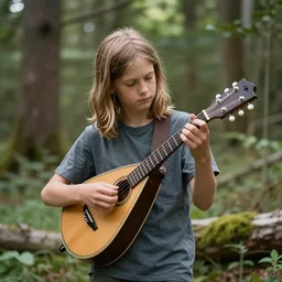 a photo of a boy with long hair playing mandolin in the wilderness