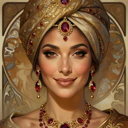 mindblowing portrait of an elegant tan woman in her 5 0 s, ornate turban, brown eyes, ruby and gold jewelry, happy expression, deep focus, symmetrical face, d & d, fantasy, intricate, elegant, highly detailed, artstation, concept art, matte, sharp, illustration, hearthstone, digital painting by artgerm, greg rutkowski, alphonse mucha