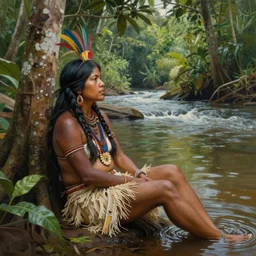 a realistic painting of an indigenous female shaman relaxing near a river in the amazon jungle, gazing at the water, highly detailed, art by christophe vacher