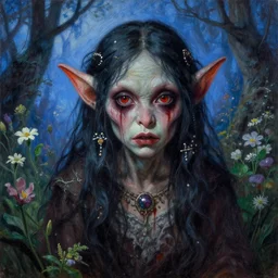 a pretty but sinister and creepy goblin in layers of fear, with haunted eyes, violence in her eyes, 1 9 7 0 s, seventies, delicate embellishments, a little blood, woodland, blue dawn light shining on wildflowers, painterly, offset printing technique, by walter popp, alexandre cabanel, robert henri