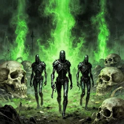 horror art, metalhead troopers walk in a plain of giant bones, acid green geysers in the background, art by ismail inceoglu