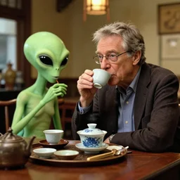 carl sagan and alien drinking tea in a chinese tea house