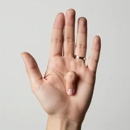 a photo of one ultra detailed woman's palm, cupping hand gesture, point finger with ring on it, other hand not visible, instagram photo, studio photo