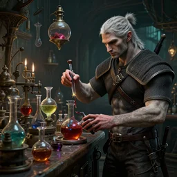 cyberpunk alchemy laboratory full of potions, criri from the witcher. stunning 3 d render, flesh texture, realistic, highly detailed attributes and atmosphere, dim volumetric cinematic lighting, 8 k octane detailed render, post - processing, masterpiece, rtx on, rendering on unreal engine