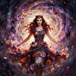 scarlet witch in a swirling sundress of flowers, floral explosion, radiant light, vortex of plum petals, oil painting, Tooth Wu, Greg Rutkowski, RPG portrait, dynamic lighting, fantasy art, High contrast, depth of field