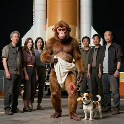 an astronaut monkey in front of spacex falcon 9, by john william godward and anna dittman and laurie greasley and victo ngai and taro okamoto and caspar david friedrich depicting saint roch, holding up his tunic to reveal a wound on his left inner thigh, there is a small brown and white dog nearby carrying a loaf of bread, full body portrait atmospheric lighting, intricate