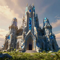 an imposing and highly ornamented fantasy castle, carved from sapphire stone, cinematic view, detailed, concept art, low angle, high detail, warm lighting, volumetric, godrays, vivid, beautiful, trending on artstation, by jordan grimmer, huge scene, grass, art greg rutkowski