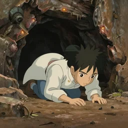 realistic interior shot from howl's moving castle ( 2 0 0 4 ) of a scientist crawling through a desert cave. overcast, cartoon, depth of field.