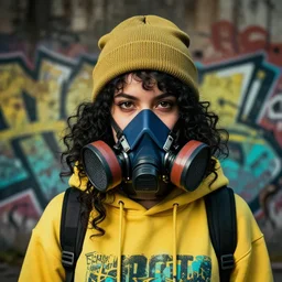 highly detailed portrait of a sewer punk student lady with trendy hoody and khaki beanie hat and dark blue respirator face mask, with black curly hair by atey ghailan, james gilleard, by joe fenton, by greg rutkowski, by greg tocchini, by kaethe butcher, 4 k resolution, gradient yellow, black, brown and cyan color scheme, grunge aesthetic!!! ( ( dystopian graffiti tag wall in background ) )