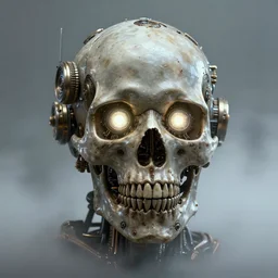 steampunk mechanical skull with glowing emissive eyes hyperrealistic emissive beautfiul artstation portfolio trending Ryan Church concept mist cyberp unk 2077 hardsurface modeling