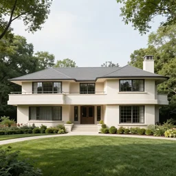 A mansion designed by Frank Lloyd Wright surround by trees.